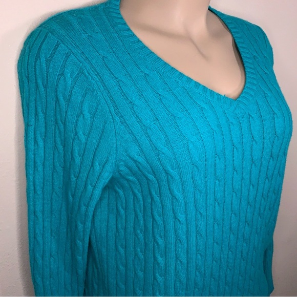2X JC Penney Teal Merino Wool Cable Knit Sweater Vneck Long Sleeve - Picture 3 of 14
